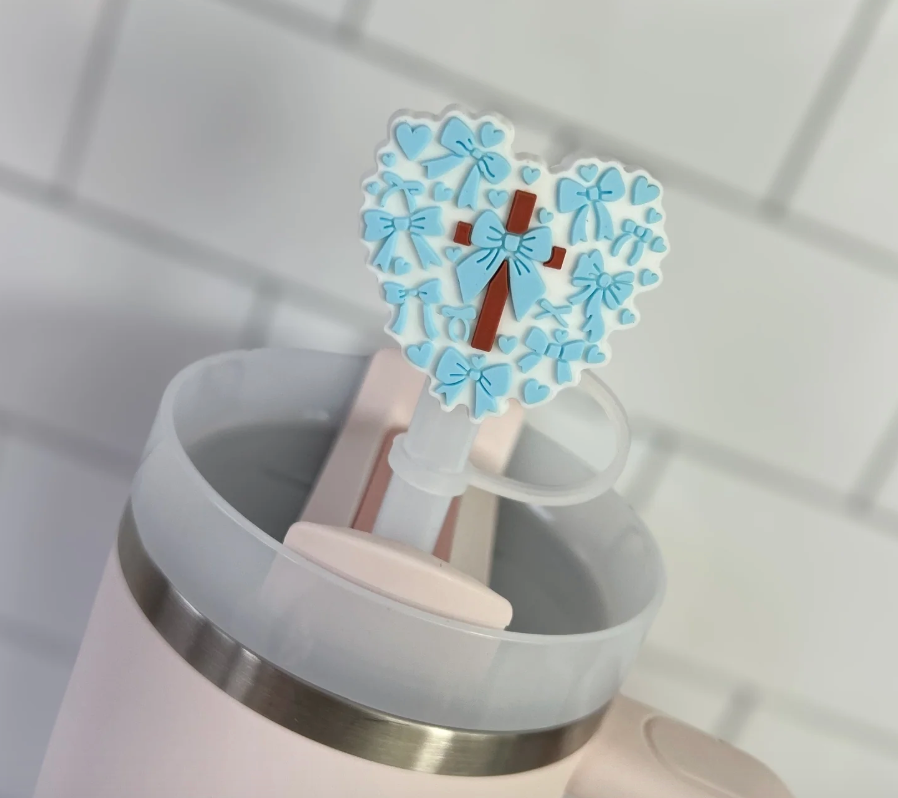 Coquette Cross Heart Blue Straw Topper
