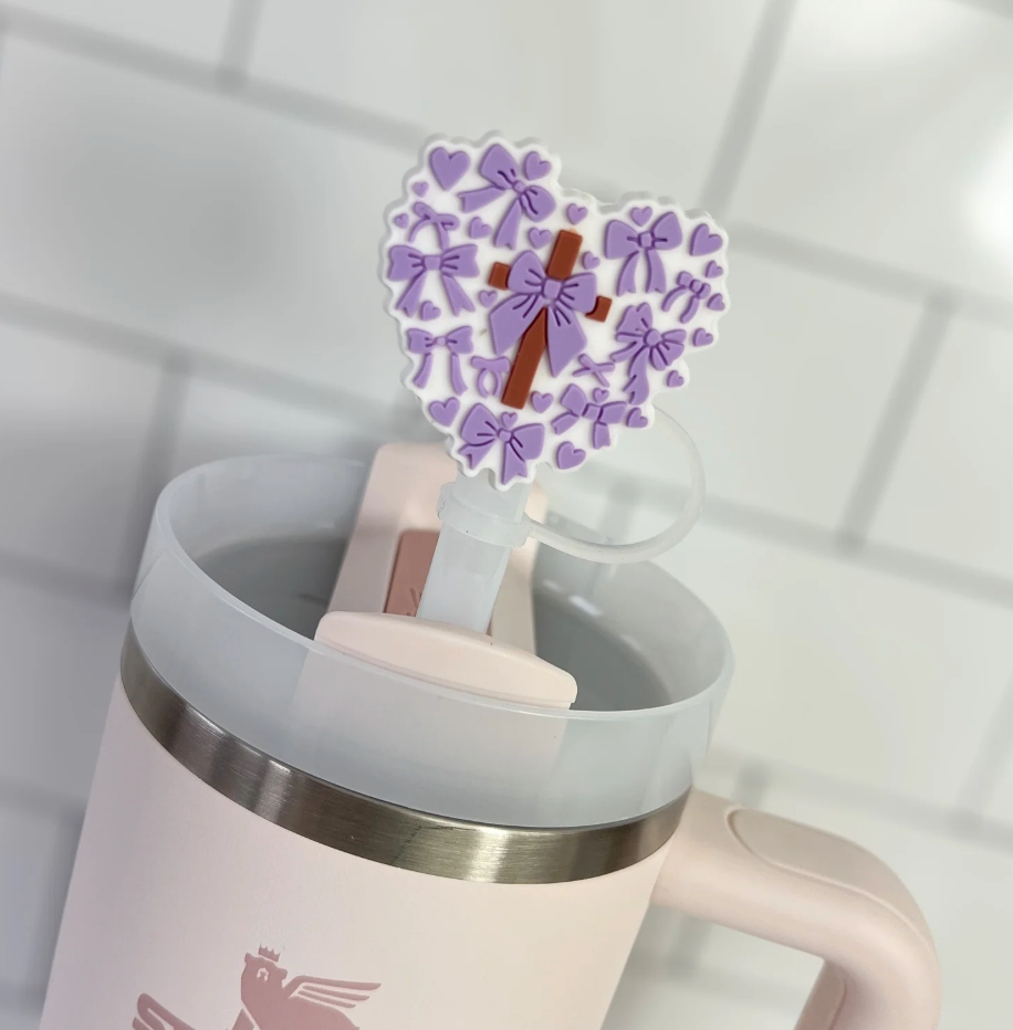 Coquette Cross Heart Purple Straw Topper