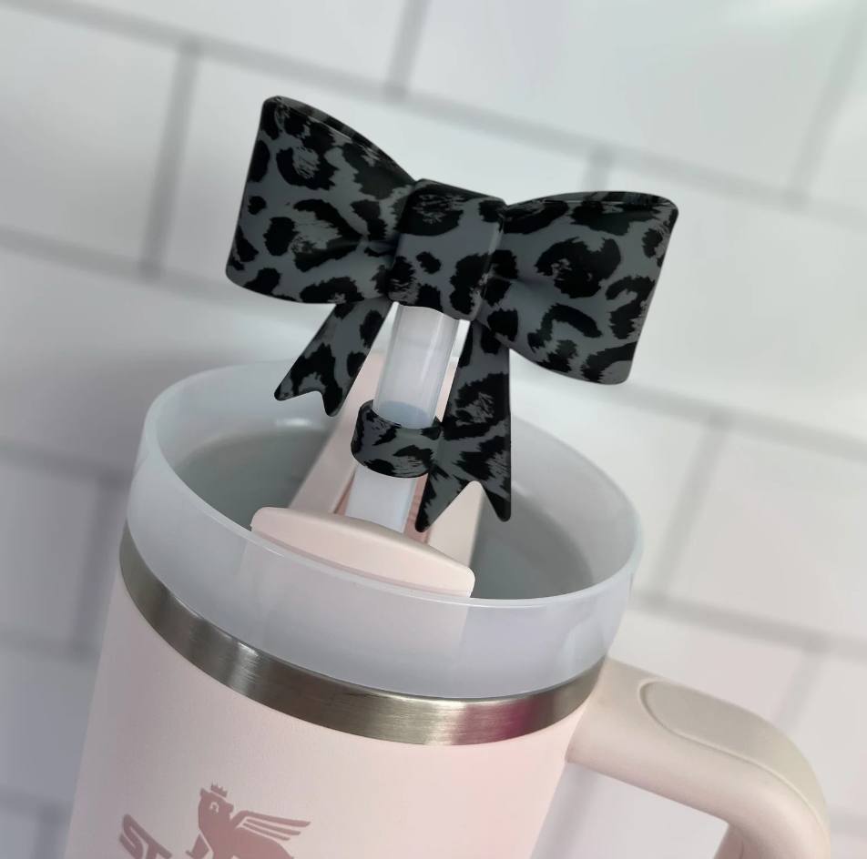 3D Black/Grey Leopard Bow Straw Topper