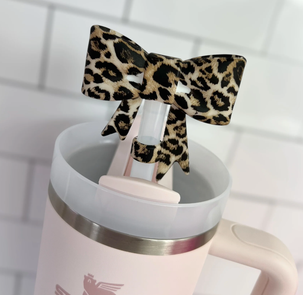3D Brown Cheetah Bow Straw Topper