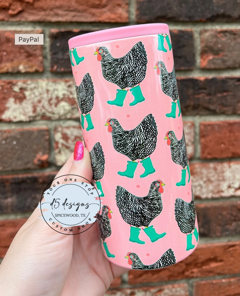 Chicken in Rainboots Skinny Koozie