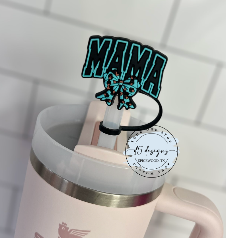Mama Cheetah Bow Teal Straw Topper