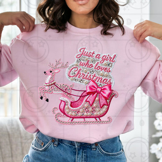Just. Girl Who Loves Christmas FAUX Embroidery & Rhinestones